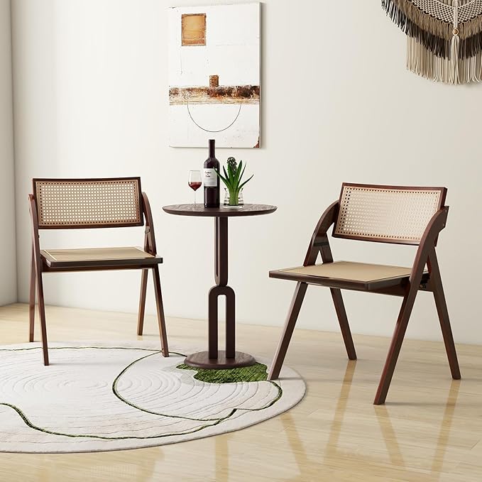 Giantex Folding Dining Chairs Set of 2, Wooden Folding Chair with Rattan Backrest & Seat, Sturdy Rubber Wood Frame, Armless Accent Chairs for Living Room, Kitchen, Wedding Party, No Assembly, Brown