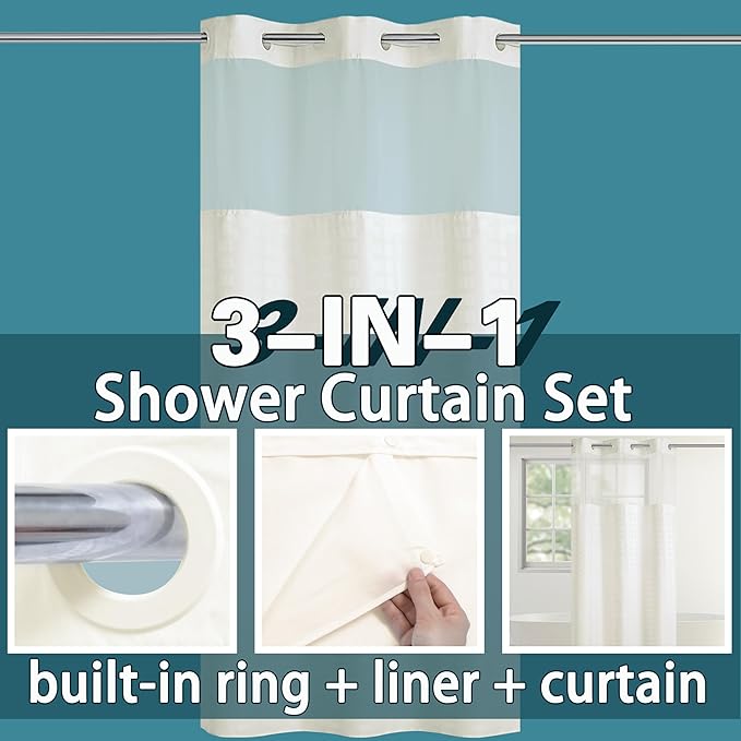 Conbo Mio Stall No Hook Shower Curtain with Snap in Liner Set, Hotel Luxury Beige Shower Curtains for Bathroom with See Through Top Window, Waterproof, Washable 36W x 74H