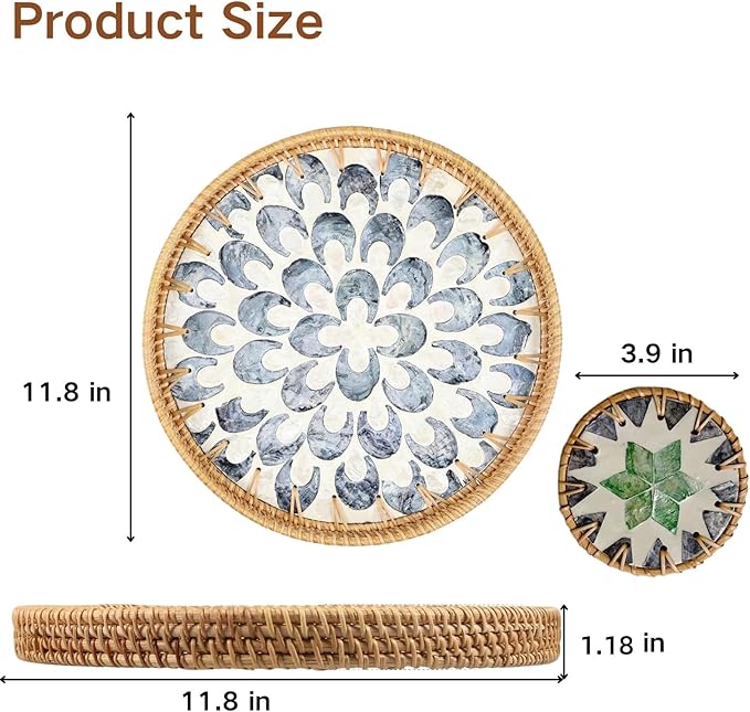 Round Rattan Serving Tray with Mother of Pearl Inlay & Coaster, Boho Wicker Basket, Decorative Coffee Table Tray for Table Decor, Storage and Display of Coffee Bread Fruit (Plume)
