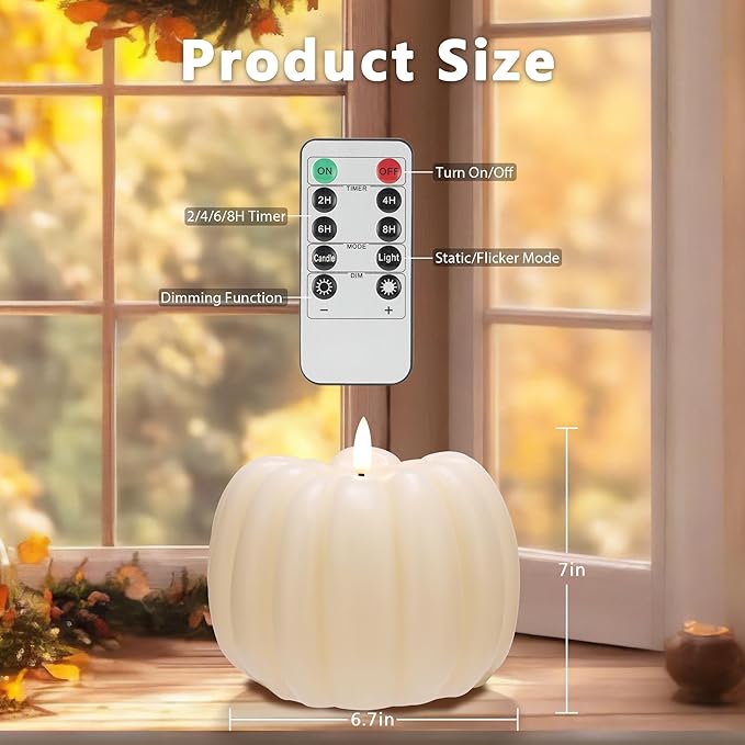 Fall Flameless Led Pumpkin Candles with Remote, Real Wax Pumpkin Shaped Battery Operated Flickering Candles with Timer for Thanksgiving Decor, Fall Home Decor, Halloween Decorations, Ivory