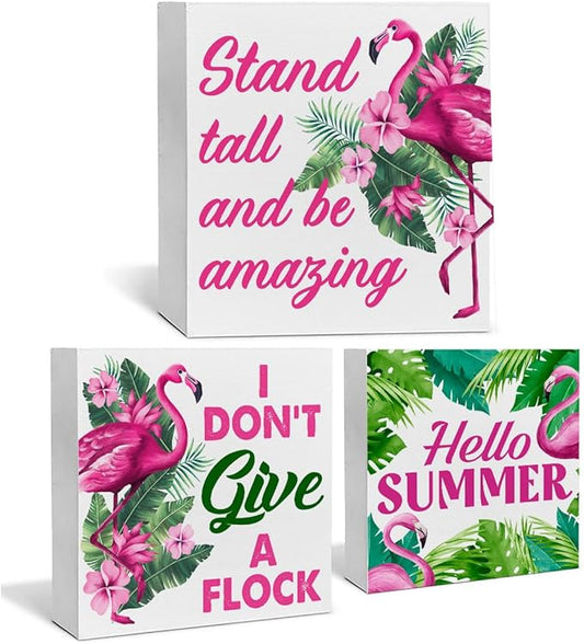Summer Flamingo Decor for Home Flamingo Themed Tiered Tray Decor 3 Pcs Decorative Wood Box Signs Table Desk Shelf Decoration
