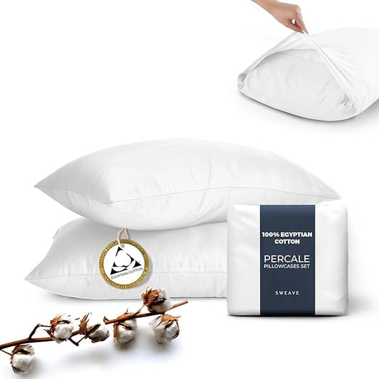 Egyptian Cotton Percale Pillowcases, White, Standard Size, 100% Cotton, 400 Thread Count, Envelope Closure, Machine Washable