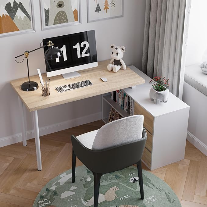 L Shape Computer Desk with 3 Drawers and 2 Shelves, Home Office Desk Corner Small Desk with Storage Cabinet for Writing Study Executive – Walnut and White