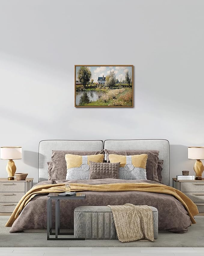 KISSFOX Vintage Landscape Framed Wall Art Impressionist Countryside River House Canvas Art Natural Cottagecore Paintings Artwork Rustic Art Prints For Bedroom Bathroom Living Room