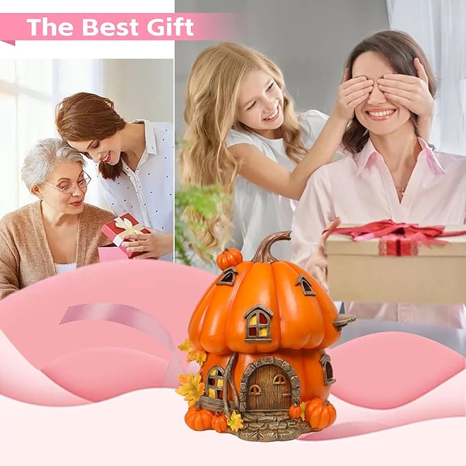 Yinns Fall Decorations for Home Porch, Pumpkin Fairy House Fall Decor, Autumn Harvest Decor with LED Light, Thanksgiving Gift