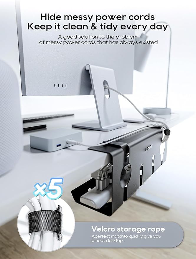 NODOCA No Drill Under Desk Cable Management Tray, 17'' Wire Management, Punch-Free Clamp on, Metal Cable Tray, Wire Organizer Under Desk, Under Desk Basket for Office and Home, Black