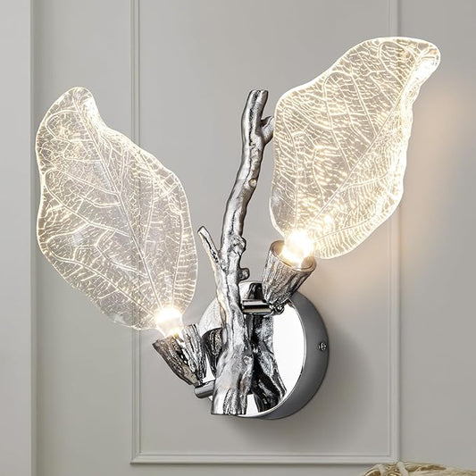 Wall Sconces, Silver Bathroom Sconces Wall Lighting with Clear Acrylic Leaf, Modern Sconces Wall Decor Wall Light fixtures for Bathroom Mirror Living Room Hallway Bedroom Stairs (1pcs,Silver)