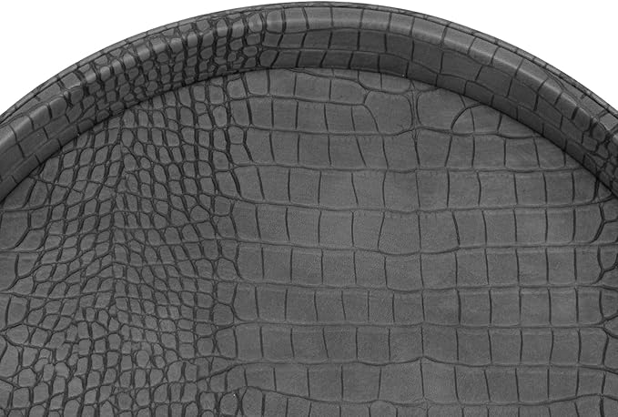 HofferRuffer Faux Leather Round Serving Tray, Vegan Croco Leather Decorative Tray, Food Tray for Storage Drinks, Snack & Cosmetics, Dia.12'' x 1.6'' (Dark Grey)