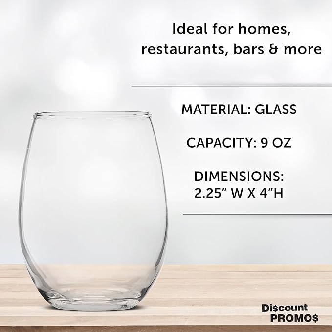 DISCOUNT PROMOS Stemless Wine Glass 9 oz. Set of 10, Bulk Pack - Great for Wedding Favors, Bachelorette Party and More - Clear Bottom Color