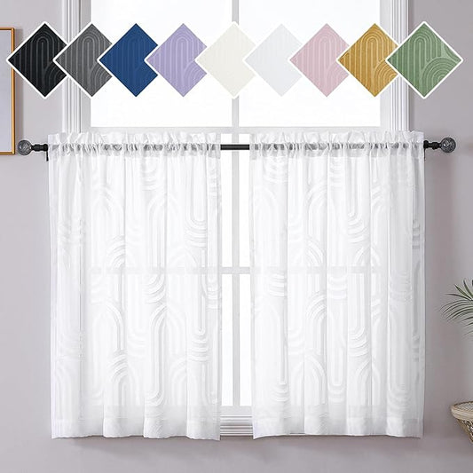 Simplebrand Sheer White Kitchen Curtains 36 Inch Length 2 Panels Set for Window, Soft Airy Geometric Jacquard Semi Sheer Curtains for Bathroom, Modern Rod Pocket Window Curtains, 42Wx36L Inches