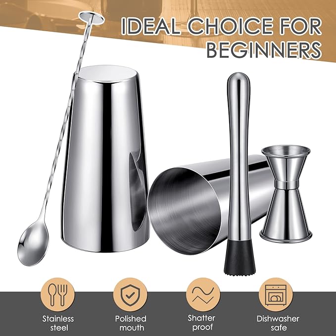 Tessco for You Cocktail Shaker Set, 16 Pcs Stainless Steel Bar Set Including Boston Shaker, Muddler, Double Measuring Jigger, Mixing Spoon, Accessories for Home Bar, Gift for Beginner, Christmas