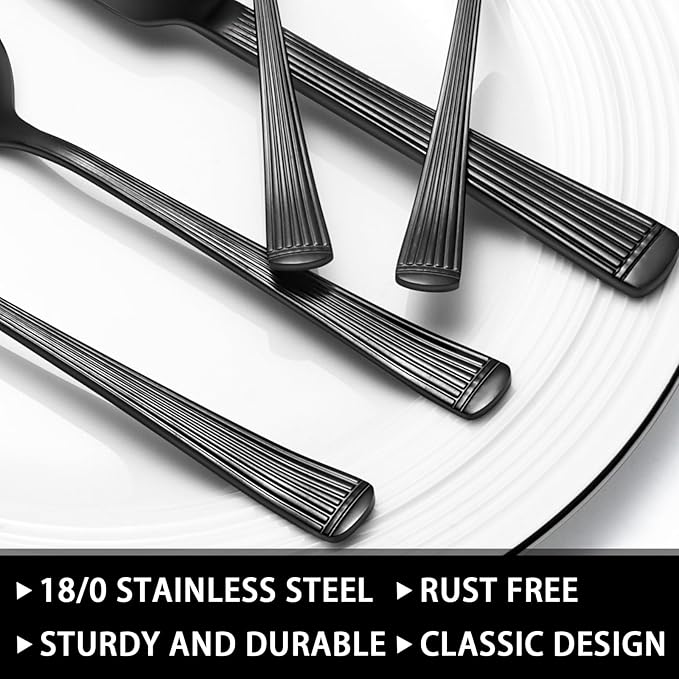 49-Piece Black Silverware Set with Organizer, Stainless Steel Roman Column Black Flatware for 8, Cutlery Utensil Sets with Steak Knives, Rust-proof, Mirror Polished, Dishwasher Safe