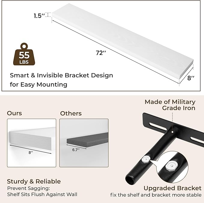 RICHFOCUS 72Inch Floating Shelves for Wall 2 Pack Shelves for Bedroom|Kitchen|Bathroom Wall Mounted Rustic Wood Floating Shelf with Invisible Brackets for Books|Storage|Decor, White