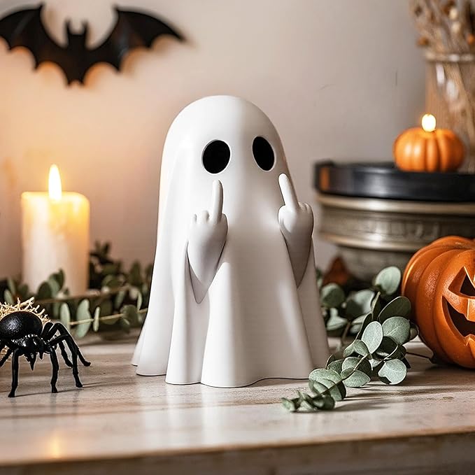 Halloween Funny Ghost Figurine Middle Finger, Small Scary Ghost Decor, Ghost Spooky Halloween Home Decorations, Funny Coffee Table Centerpieces Shelf Mantel Display Ornaments