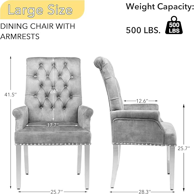 AODCHR Upholstered Velvet Accent Dining Chair, Elegant Tufted Dining Room Kitchen Room Arm Chair with Stainless Steel Leg, Light Grey