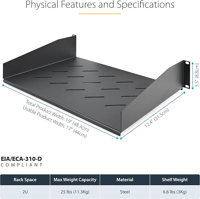 StarTech.com 2U Rack Shelf, 12" Mounting Depth, Vented Cantilever Tray for 19" AV/Network Equipment, 25lb Capacity, for Small Office/Home Office