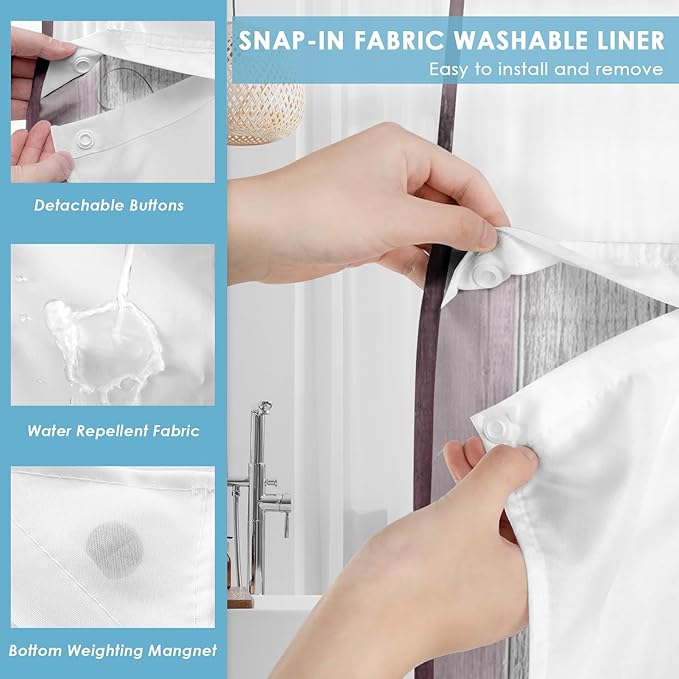 No Hook Flower Daisy Shower Curtain with Snap in Fabric Liner Set, Pink Rustic Farmhouse Double Layers Waterproof Fabric with See Through Top Window Open Grommet Bath Curtain 71x86 Inch