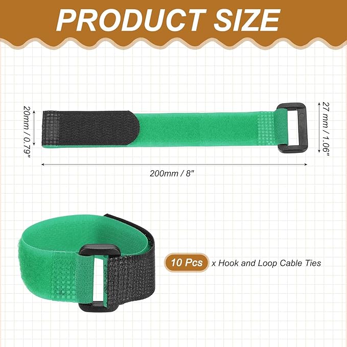PATIKIL 8 x 0.79 Inch Reusable Cable Ties 10 Pcs Adjustable Hook and Loop Straps Cord Management Wire Wrap Cord Ties Organizer for Home Office Cables, Green