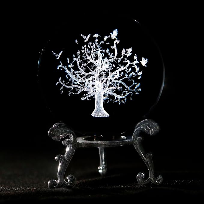 60mm Tree of Life Crystal Ball with Stand 3D Laser Engraved Life Tree Figurine Crystal Paperweight Decoraive Quartz Glass Ball Sphere Home Decor Table Craft