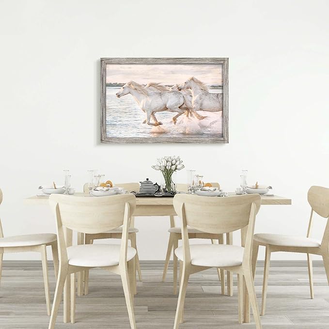 Horse Wall Art Wood Decor: Horses Running Large Framed Picture Wild Animal Print Painting Modern Wildlife Artwork Decoration for Home Office Living Room 45 x 30 Inches