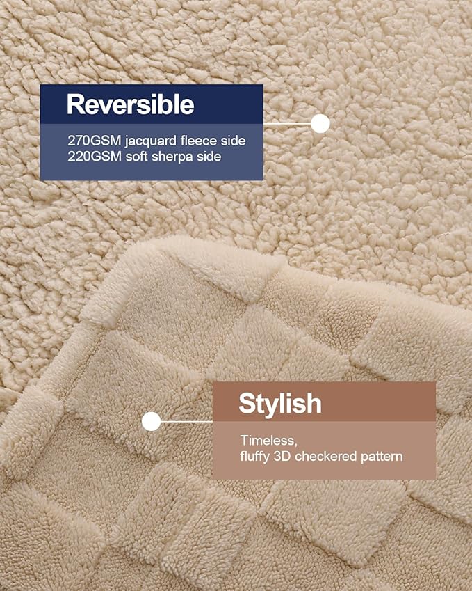 Pawque Super Soft Cozy Throw Blanket Queen Size for Couch Bed, Fluffy Sherpa Fleece Reversible Thick Warm Fuzzy Blanket for All-Season, 3D Checkered Jacquard Decorative Blankets, Khaki, 90"x90"