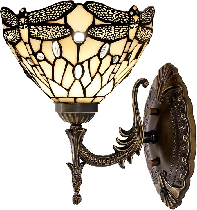 Tiffany Wall Sconce Lamp Blue Stained Glass Flower Style 8X10.5X11 Inch Plug in Wall Bedside Light for Hallway Bedroom (Amber Dragonfly Style)