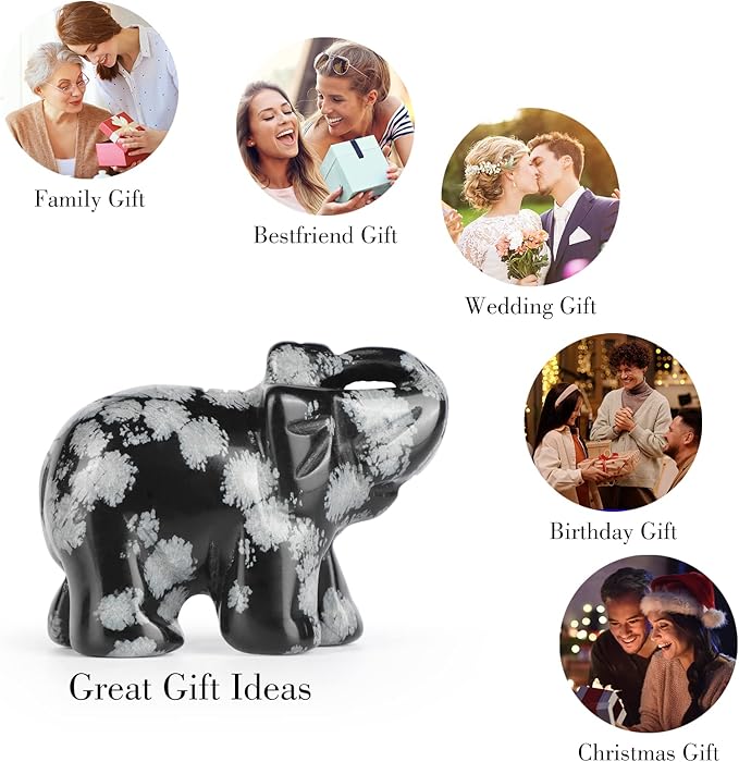 SMQ Snowflake Stone Crystal Elephant Statue,Hand Carved Quartz Healing Gemstone Elephant Figurine Crafts Gifts Collectible Decor for Home Office Desk(2Inches)