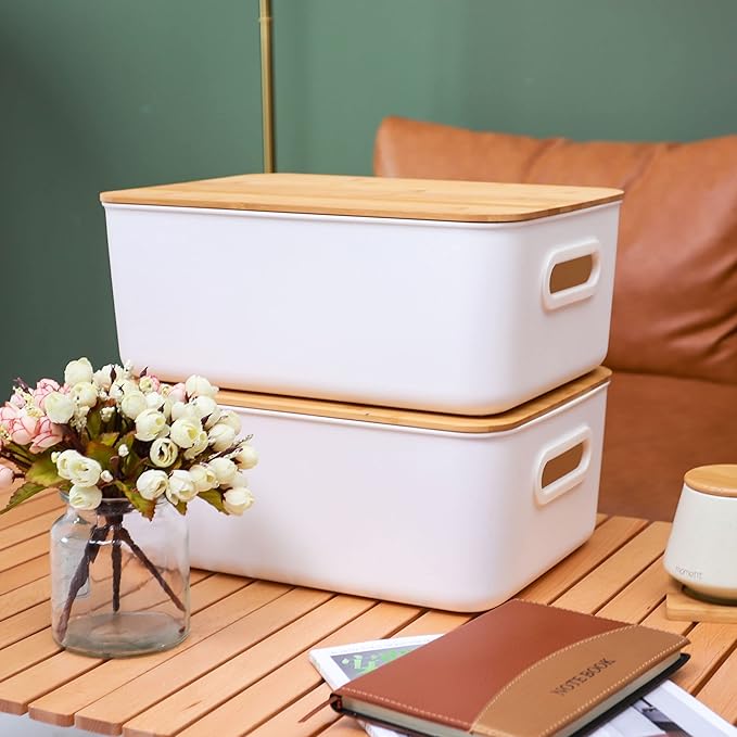 Citylife 2 PCS Storage Bins with Bamboo Lids Plastic Storage Containers for Organizing Stackable Storage Box with Handle, 15.12 x 10.67 x 5.98 inch