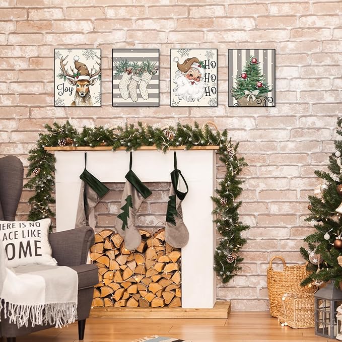 ETVISO Christmas Decor, Christmas Deer Wall Art Prints Set of 4, Retro Xmas Poster, Winter Holidays Gift Print Decor for Gallery Living Room Bathroom, 8x10 (Unframed)