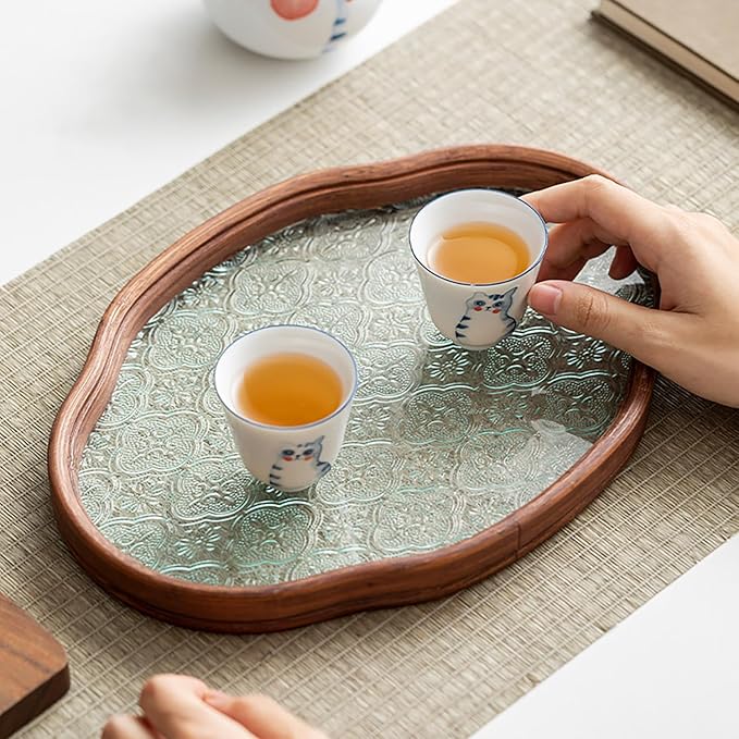 IwaiLoft Glass Serving Tray with The Crabapple Pattern Glass and Walnut for Kitchen Countertop Home Decor for Coffee Table, Also Suitable for Tea Coffee Decorative Trays (Clear,14.5" x 10" x 1")