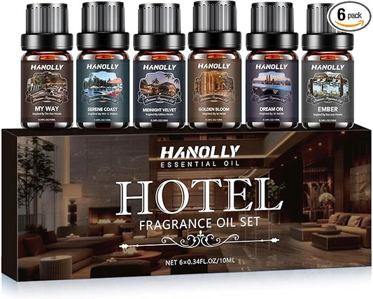 Hotel Diffuser Oils Gift Set - 6x10ML Luxury Hotel Scent Essential Oils Set for Diffuser, Candle Making - Premium Fragrance Oil, My Way, Ember, Dream On, Serene Coast, Midnight Velvet, Golden Bloom