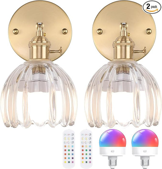 Vintage Battery Operated Wall Sconce with Cute Transparent Tulip Glass Lampshade Wireless Rechargeable Battery Powered Wall Light with Remote Control for Bedside Bedroom Doorway, Set of 2