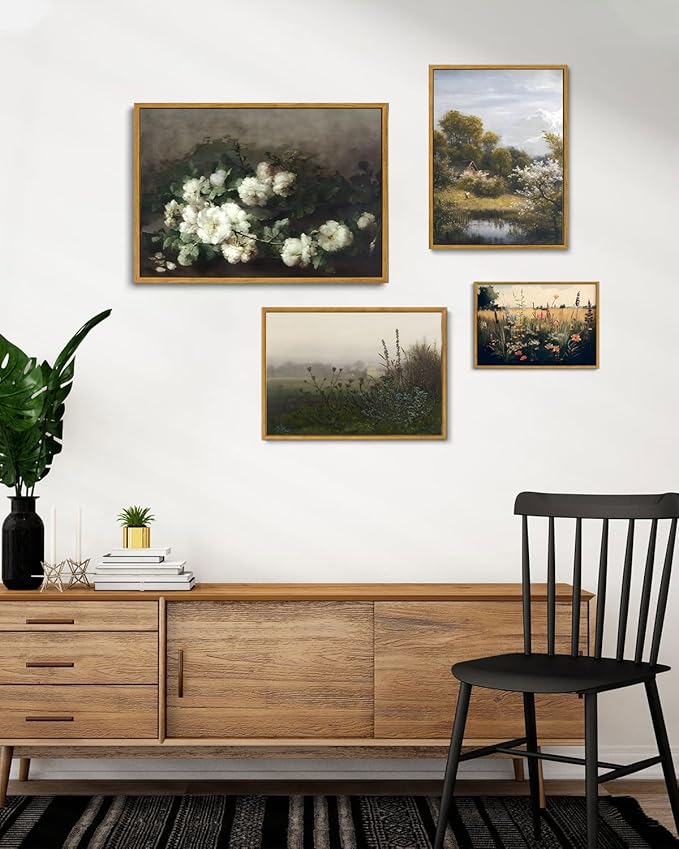 KISSFOX Framed Vintage Floral Wall Art White Flower Botanical Painting Canvas Prints Retro Rustic Farmhouse Pictures Cottagecore Aesthetic Office Decor Bedroom Bathroom Living Room