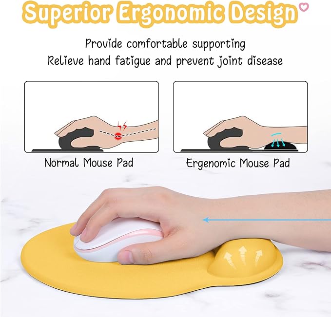 Hsurbtra Ergonomic Mouse Pad with Wrist Rest Support, Gel Mouse Pads with Non-Slip PU Base, Pain Relief Memory Foam Computer Mat, Cute Office Supplies Desk Decro Accessories, Apricot Yellow