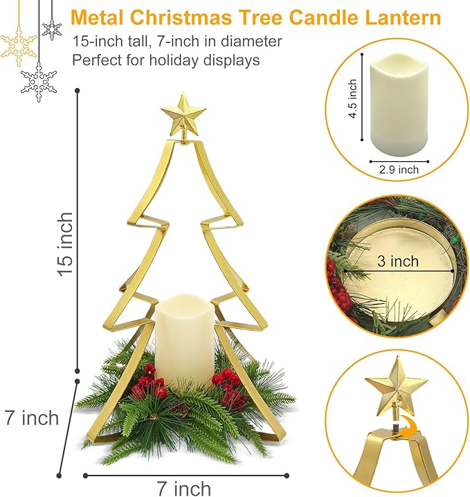 Christmas Table Centerpiece Decorations, Metal Christmas Tree Candle Holder with Battery Operated Candle Light Artificial Red Berries Pinecones Xmas Decor for Home Farmhouse Party