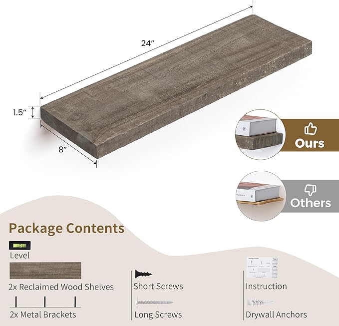 Floating Shelves, 8 Inch Deep Rustic Solid Reclaimed Wood Wall Shelves for Storage, Wall Mounted Display Shelving with Invisible Heavy-Duty Metal Bracket, 24 Inch Width Set of 2, Cement Grey