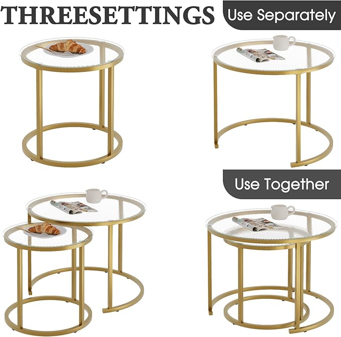 aboxoo Nesting Coffee Table Set of 2, Small Round Glass Nesting Tables for Living Room Bedroom, Accent Tea Table with Gold Metal Frame Modern Industrial Simple