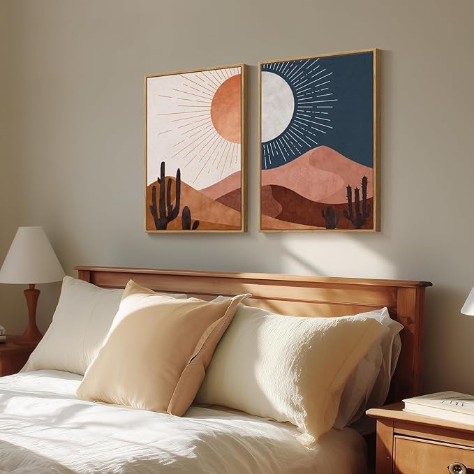 Framed Boho Desert Wall Art for Room Decor, Set of 2 Sun and Moon Cactus Landscape Artwork, Mid Century Modern Bohemian Paintings Prints for Living Room Bedroom Office Hallway Wall Decor, 20x30 Inch