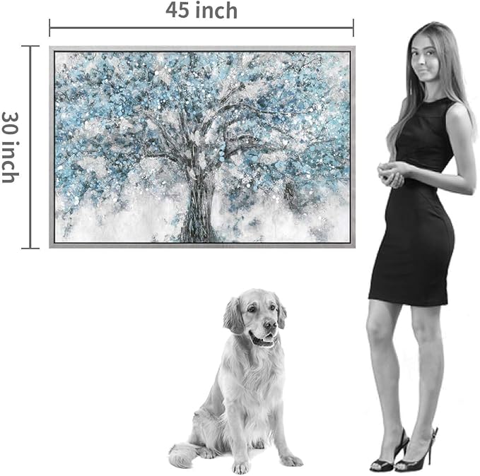 Abstract Tree Canvas Wall Art: Hand Painted Blue Tree Picture Painting Print Framed Art for Bedroom (45”X30”)