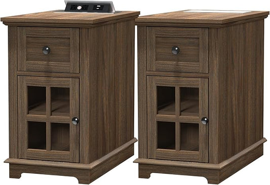 HIFYOBRO Narrow End Table with Flip Top Charging Station Set of 2, Storage Side Table with Drawer and Cabinet, Type-C & USB Port & Power outlets, Wooden Storage Cabinet for Bedroom/Living Room