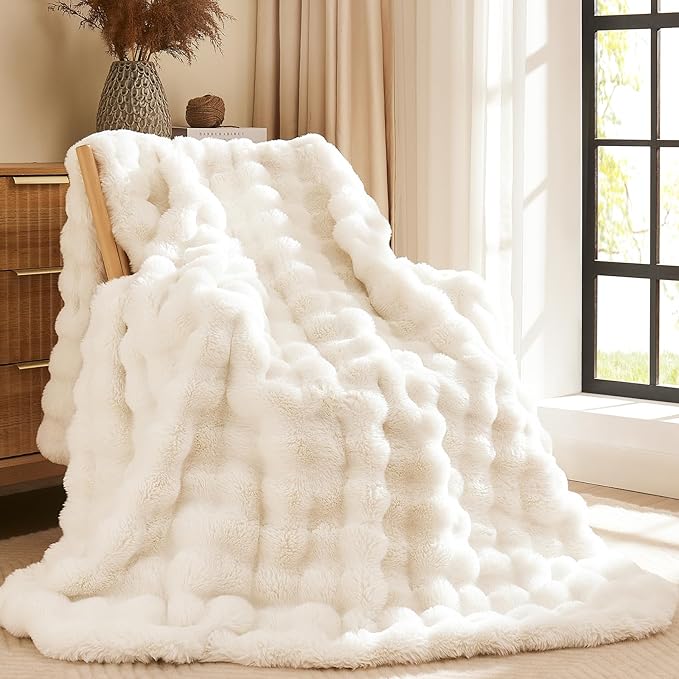 L'AGRATY Faux Fur Throw Blanket: 50" x 60" Luxury Soft Fluffy Thick Rabbit Fur Blankets for Couch Bed Sofa - Cozy Plush Bubble Blankets for Winter: Warm Flannel Fleece Decorative Blanket(Cream White)