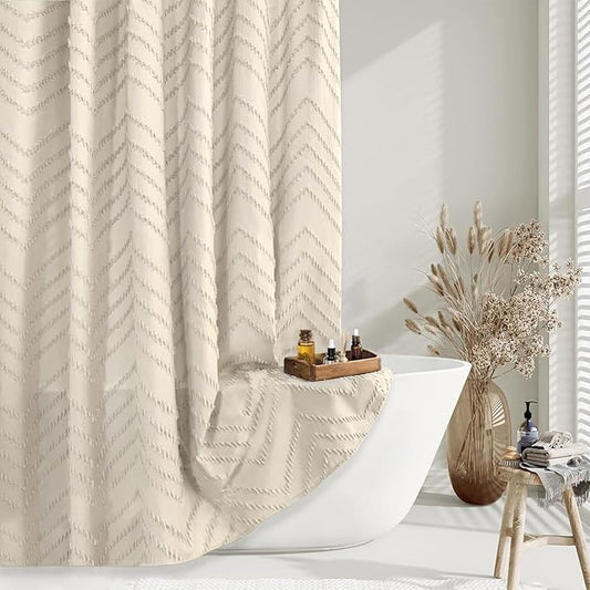 Beige Boho Shower Curtain 72 x 72 Modern Farmhouse Shower Curtain Bohemian Chic Tufted Chevron Textured Striped Minimalist Shower Curtains Woven Fabric Beige Shower Curtains