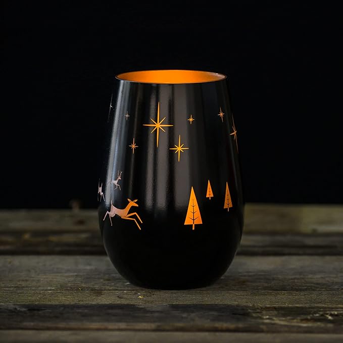 Wonderland Stemless Wine Glass/Candle Votive | Set of 2 Tumbler Wine Glasses | Lead-Free Glass | Christmas Laser Etched Stemless Wine Glasses
