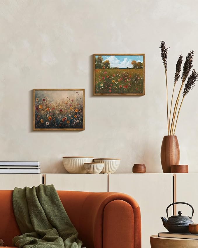 KISSFOX Vintage Framed Wall Art Farmhouse Dreamy Wildflower Field Canvas Art Colorful Daisy Floral Paintings Artwork Natural Rustic Art Prints For Bedroom Bathroom Living Room