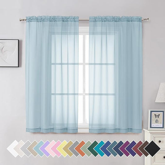 Aiyufeng 2 Pack: Basic Sky Blue Sheer Curtain Drapes 54 Inch Length 2 Panels for Living Room, Light Filtering Voile Drapes for Bedroom, Patio, Sliding Door, Each 42" W x 54" L