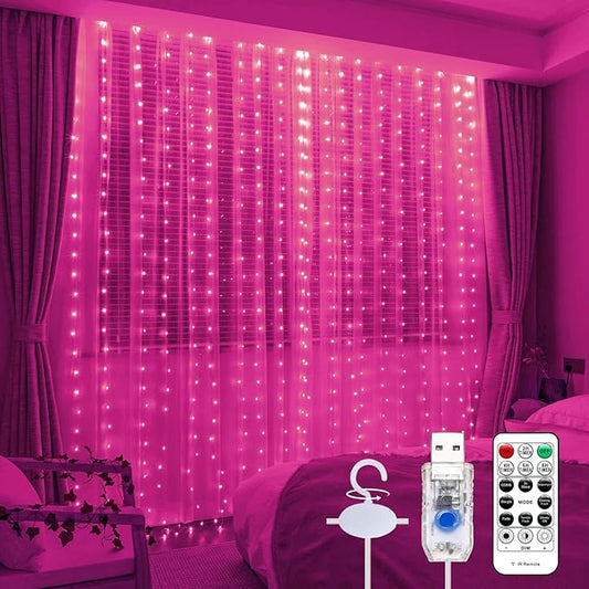 Pink Curtain Light with Untangled Wires for Bedroom, 300LED 9.8ft x 9.8ft Window Fairy Curtain String Light with 16 Hooks, 8 Models Remote Control for Wedding Party Home Garden Indoor Decor