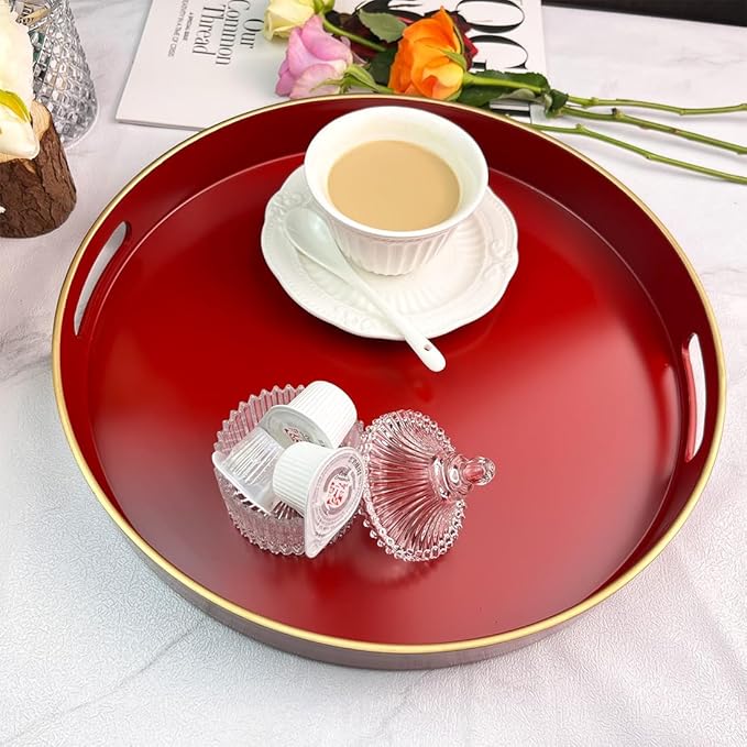 Red Decorative Tray, Serving Tray with Handles, Round Decorative Tray for Coffee Table, 13 Inch Plastic Tray for Ottoman, Living Room, Bathroom, Home Decor.