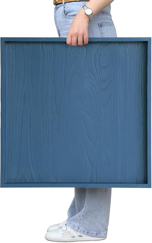 Square Ottoman Table Tray 24" - Rustic Wooden Serving Tray for Farmhouse Decorative Oversized Coffee Table Trays Living Room Kitchen Counter Breakfast Blue