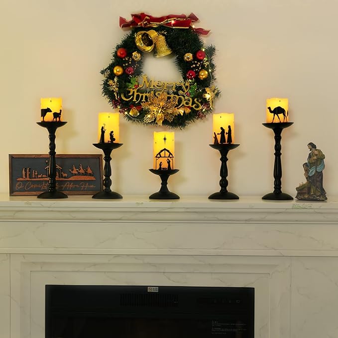 Homemory Flameless Christmas Nativity Scene Candles, Battery Operated LED Pillar Religion Candles, Nativity Sets Indoor Outdoor Decor for Xmas Holiday Home Decor, Remote Timer, Christmas Decor, 5 Pack