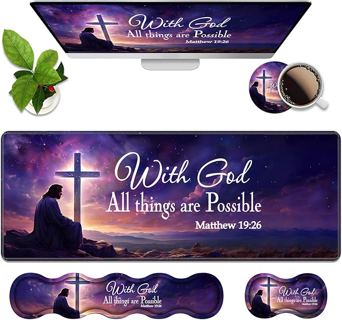 Ergonomic Memory Foam Mouse Pad Wrist Rest Set,Large Gaming Desk Pad + Keyboard Wrist Rest + Mouse Wrist Cushion + Coaster for Home Office Study Gaming,Christian Cross Quote Bible Verse Matthew 19:26